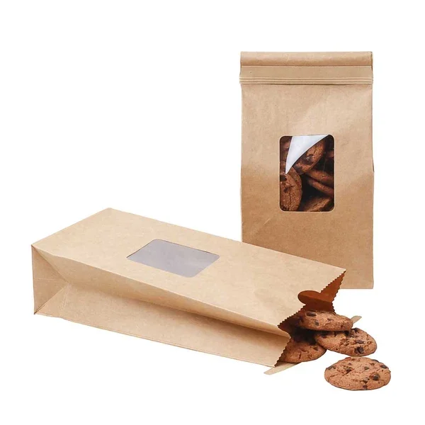 Custom printed kraft flat-bottom paper bags with window for bakery and deli